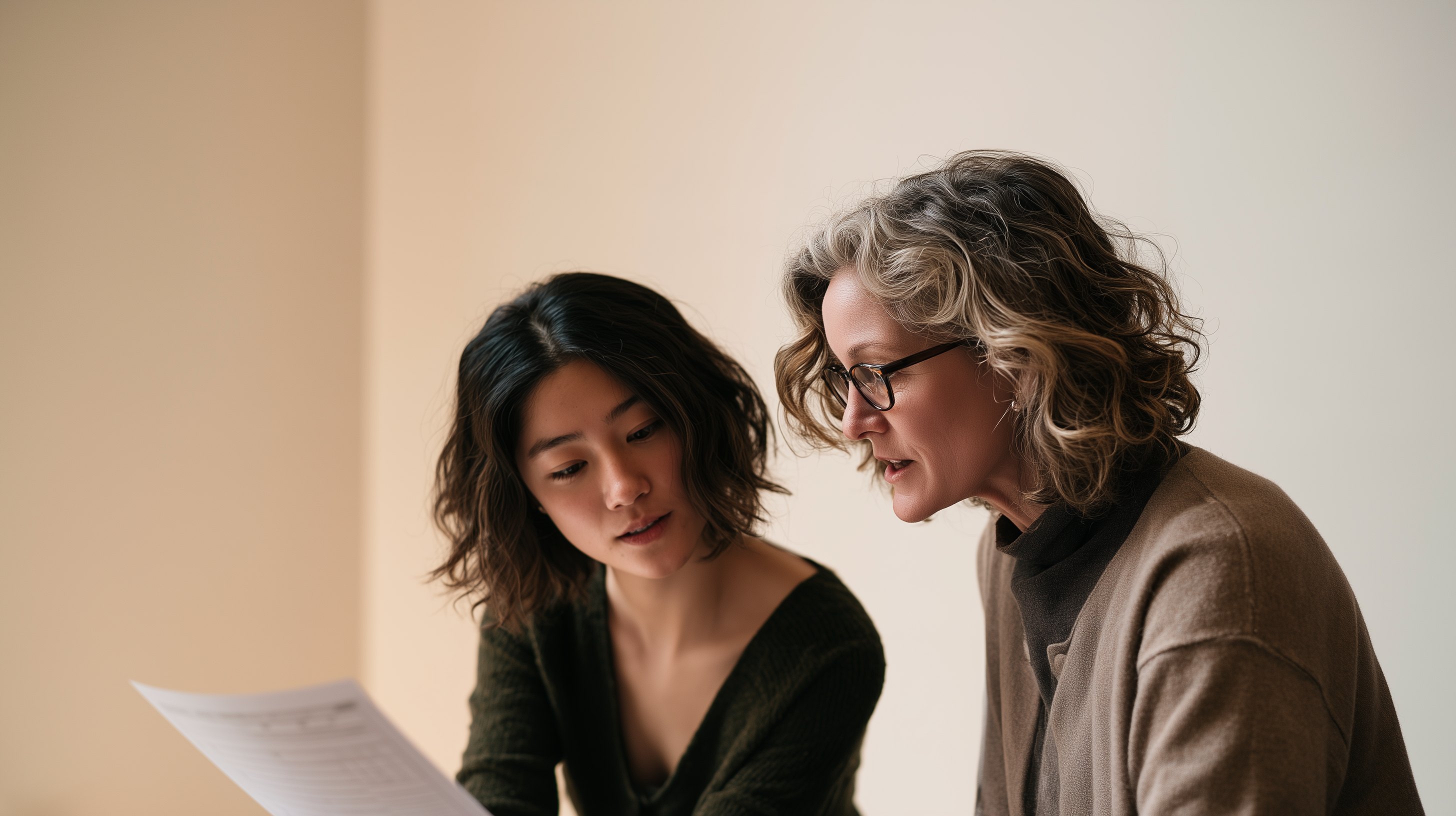 Two colleagues review a printed form together
