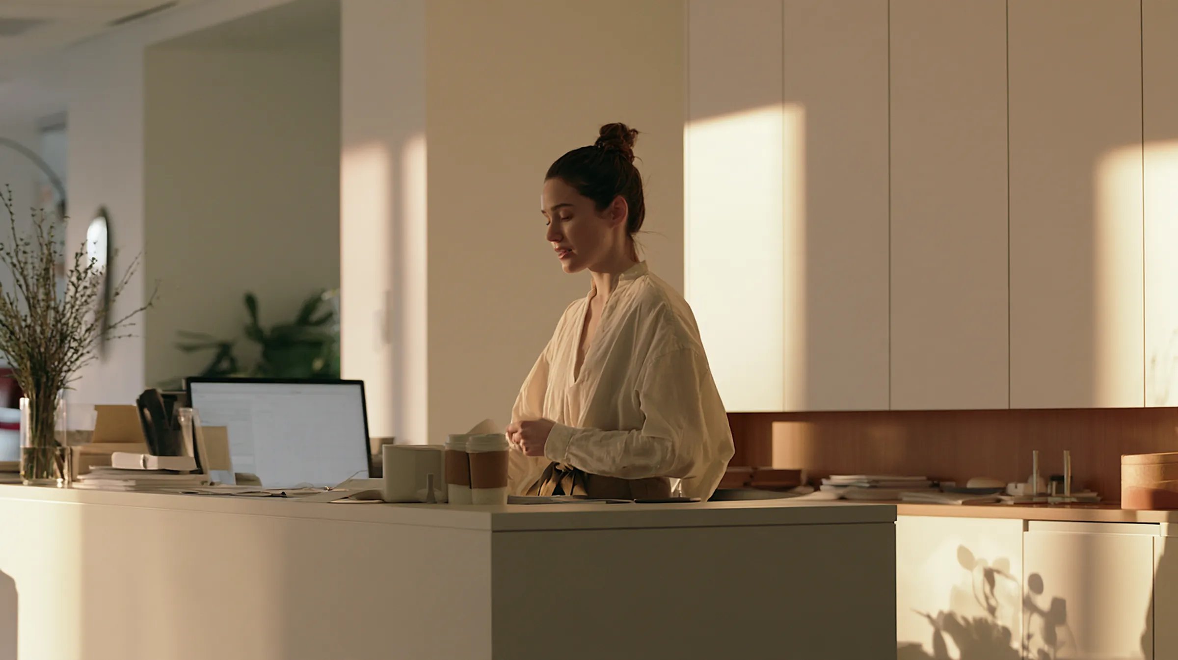 A receptionist arriving to a calm, sunlit front desk in the morning