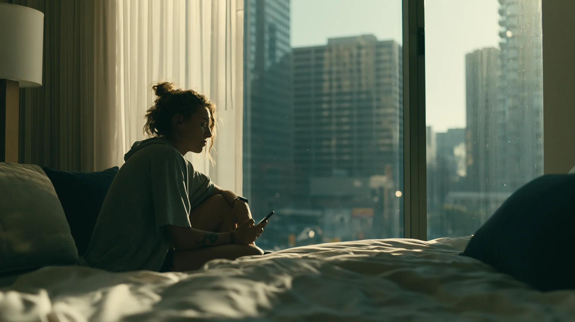 A woman checking her account on her phone at dawn, city skyline behind