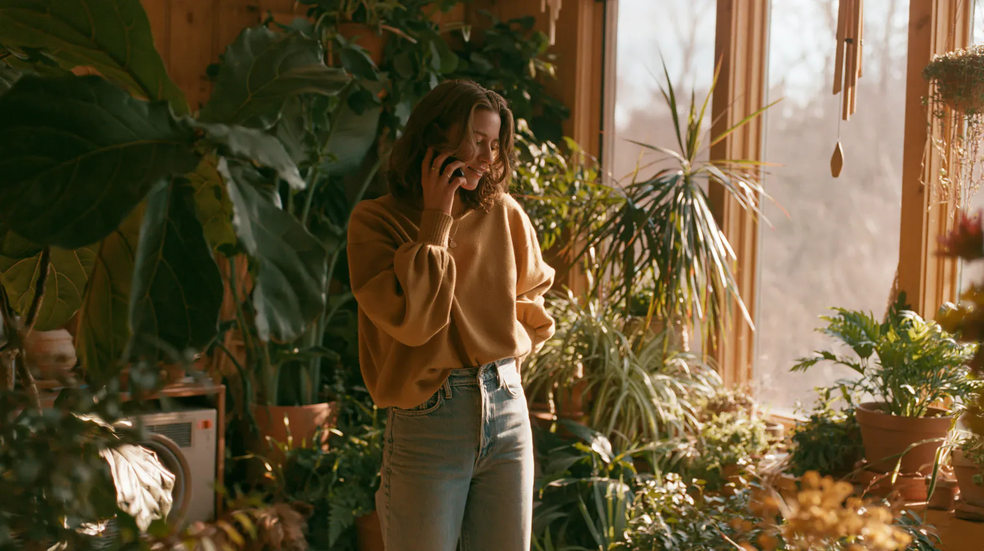 A person at ease mid-conversation at home