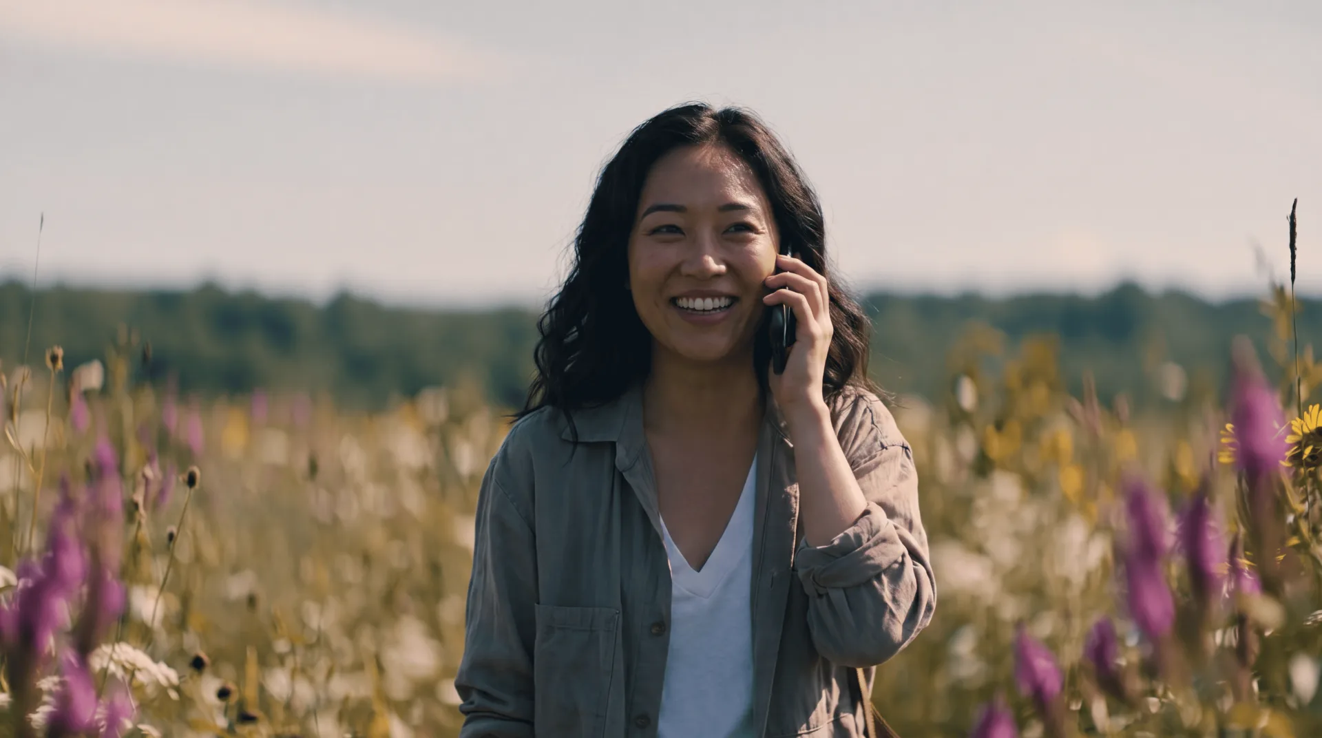 A woman taking a warm call in a sunlit wildflower field