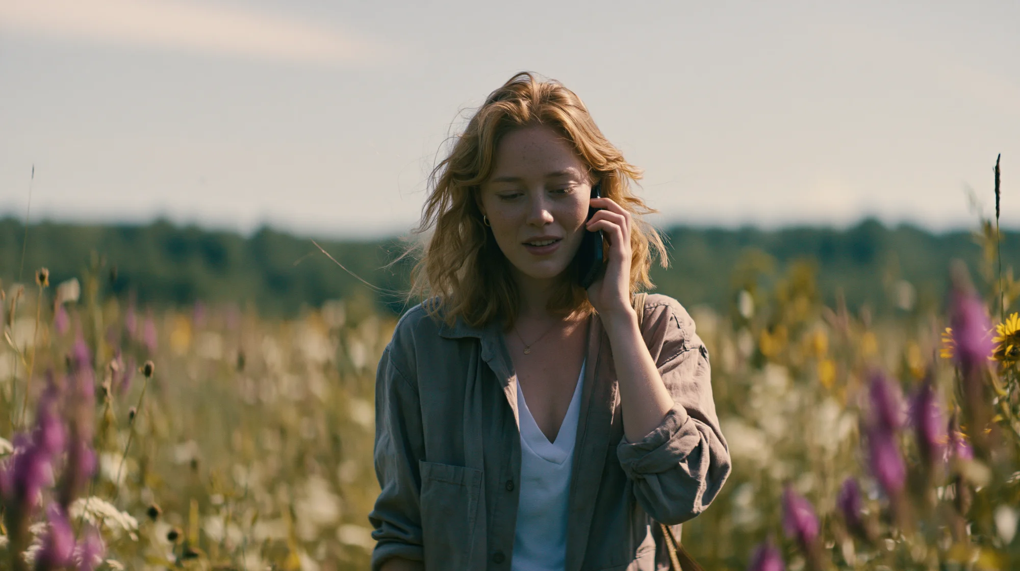 A woman taking a warm call in a sunlit wildflower field